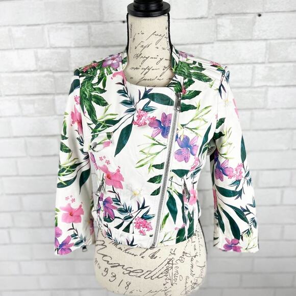 Guess Floral Print Moto Leather Zip Up Jacket Size Small - Picture 2 of 15